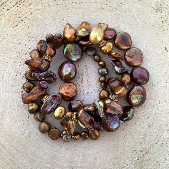 Natural Brown & Copper Cultured Baroque High Luster Freshwater Pearl Bracelets - Picture 8 of 15